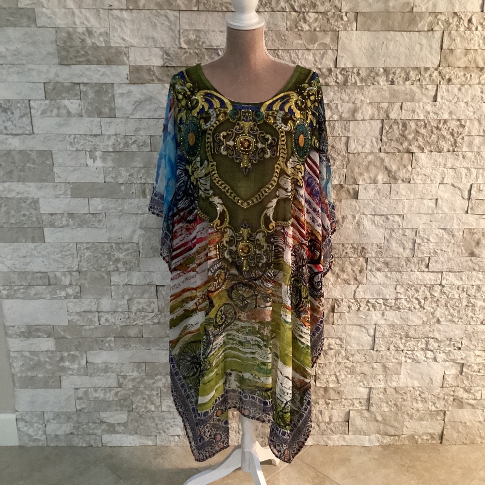 Alberto Makali Chiffon Baroque Print Crystal Kaftan